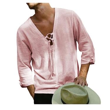 Imagem de Camisa masculina folgada elegante casual praia manga curta algodão linho cordão cor sólida, Rosa, XXG