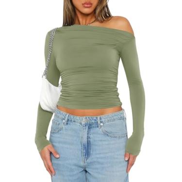 Imagem de LOMON Blusa feminina de manga comprida com ombros de fora para sair camiseta sexy primavera franzida roupas Y2K, Pasta de feijão verde, P