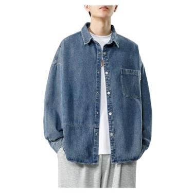 Imagem de Camisa jeans masculina de manga comprida, caimento solto, colarinho aberto, cor sólida, camisa de ombro caído, Azul, XXG