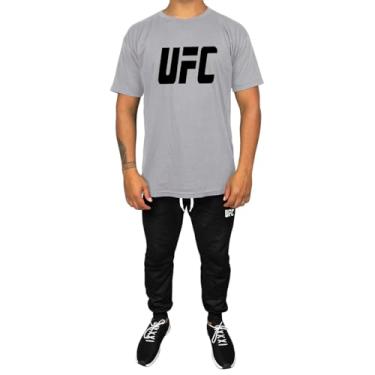 Imagem de Kit Conjunto Masculino Camiseta Algodão e Calça Moletom Casual Estampado UFC (Cinza, G)