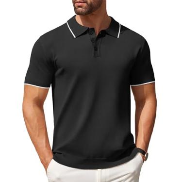 Imagem de COOFANDY Camisa polo masculina de malha casual manga curta abotoada camisa polo clássica de golfe, Listrado preto e branco, GG