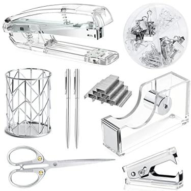 Imagem de Acessórios de mesa de escritório, conjunto de grampeador de acrílico, removedor de grampeadores, suporte de fita, suporte de caneta, 2 canetas esferográficas, tesouras, clipes de fichário, clipes de