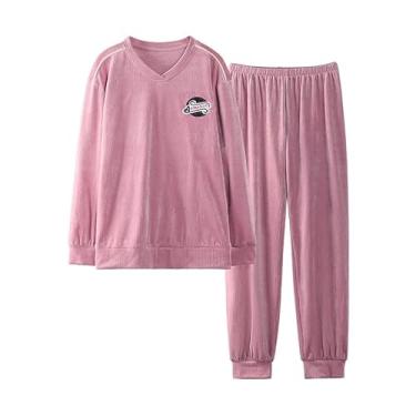 Imagem de LUBOSE Conjunto de camisola de flanela, camisola feminina, camisola térmica de inverno, terno longo feminino de manga comprida, conjunto de camisola confortável para uso doméstico (P, rosa 5)