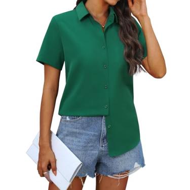 Imagem de siliteelon Camisas femininas de chiffon de botão de manga curta para mulheres, casuais, abotoadas, blusas, Verde, G