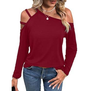Imagem de LilyCoco Camisetas femininas com ombros de fora, manga longa, casual, casual, caimento solto, Ombro vazado vermelho, P