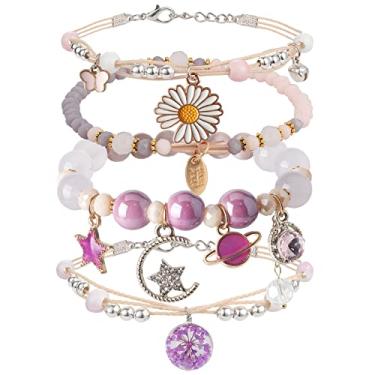 Imagem de Conjunto de 4 peças de pulseiras de contas para meninas adolescentes, DS delicado desenho animado contas de cristal de pérolas conjunto de tornozeleiras para mulheres e meninas pulseira elástica ajustável presente de aniversário para amigos, Large, Sem pedras preciosas
