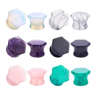 Imagem de YOFANST 6 pares de alargadores de orelha de pedra natural hexágono duplo alargador sela brincos piercing 2g-5/20.3 cm, Zircônia cúbica