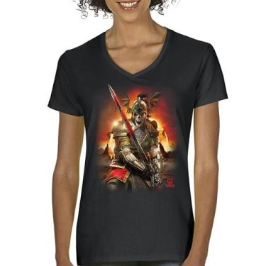 Imagem de Camiseta feminina Apocalypse Reaper gola V fantasia esqueleto cavaleiro com uma espada medieval lendária criatura dragão bruxo, Preto, G