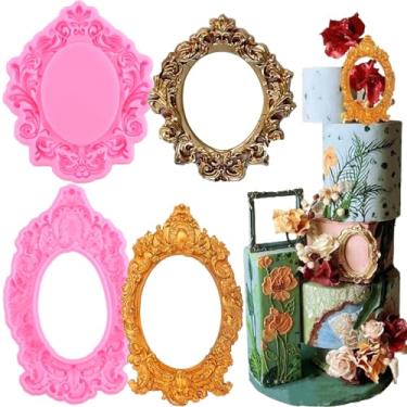 Imagem de Mujiang Moldura barroca em relevo para fondant molde de silicone para decoração de bolos, cobertura de cupcake, pasta de goma de chocolate, argila de polímero, conjunto de 2