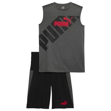 Imagem de PUMA Conjunto de 2 peças de camiseta e short interlock para meninos, carvão, pequeno, Carvão, P