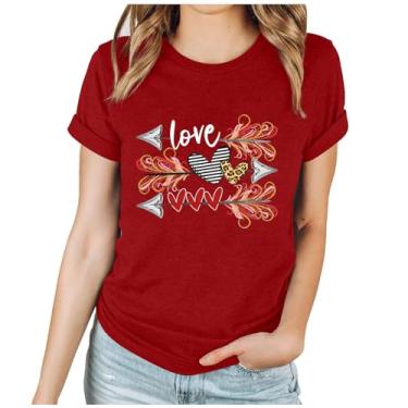 Imagem de Homisy Camiseta feminina de coração para o Dia dos Namorados, manga curta, leve, casual, folgada, blusas estampadas modernas, Vermelho, P