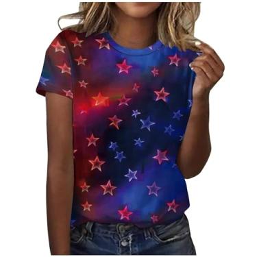 Imagem de Blusas femininas de 4 de julho fofas de verão com gola redonda e manga curta, camisetas patrióticas, camiseta folgada, A02 multicolorido, M