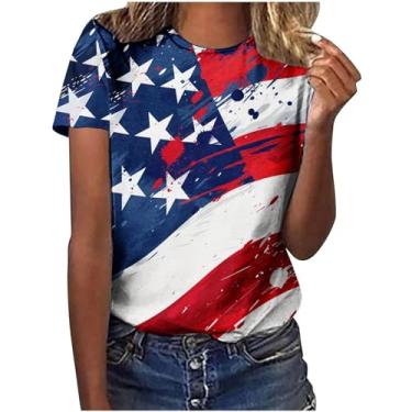 Imagem de Camisetas femininas de 4 de julho de manga curta, bandeira americana, gola redonda, camisetas estampadas modernas casuais de verão, 4 de julho 16 multicolorido, M