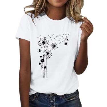 Imagem de Camiseta feminina com estampa de flor de dente-de-leão manga curta gola redonda moderna top leve feminino ombro vazado, Branco, XXG