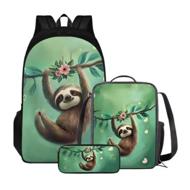 Imagem de Suobstales Conjunto de mochila com estampa de preguiça fofa para meninas e crianças, mochila escolar leve com compartimento duplo, bolsa de livros 3 em 1 com lancheira e estojo, verde