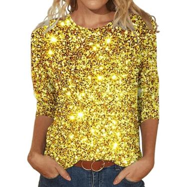 Imagem de Camisetas femininas de manga 3/4 casual, solta, brilhante, gola redonda, básica, leve, blusa de roupas de verão 2024, Amarelo, P