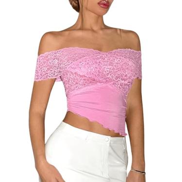 Imagem de GORGLITTER Camiseta feminina de renda com ombros de fora, acabamento franzido, manga curta, bainha assimétrica, cropped, rosa, M