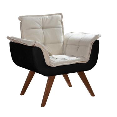 Imagem de Poltrona Pé Palito Decoração Sala Quarto Recepção Bella Opala Suede Preto/Bege Claro