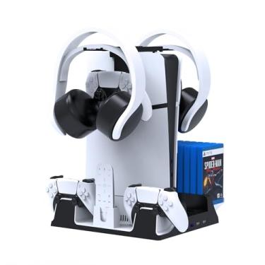 Imagem de JOYTORN PS5 Vertical Stand with Cooling Fan and Dual Controller Charger Station for PlayStation 5/Slim Console, PS-5 Accessories with Headset Hooker,14 Game Rack Storage, Media Remote Organizer