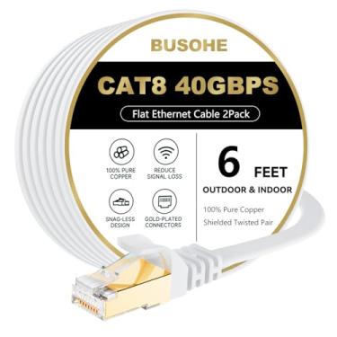 Imagem de Cabo Ethernet Cat8 plano BUSOHE de 1,8 m, 2 unidades, 40 Gbps, 2000 MHz, de alta velocidade com conector RJ45 banhado a ouro, cabo de rede LAN para roteador/jogos/computador, S/FTP