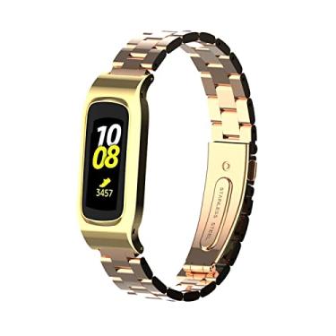 Imagem de Gheper Pulseira de relógio de metal compatível com Samsung Galaxy Fit2 SM-R220 de aço inoxidável, moldura protetora, design de pulseira de substituição para smartwatch 2 SM-R220, acessório (ouro rosa)