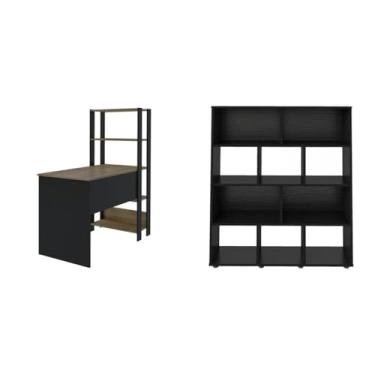 Imagem de Kit 2 Peças com Escrivaninha Match e Estante para Livros 10 Nichos Preto/Pinho