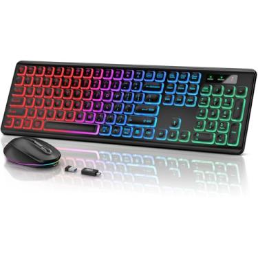 Imagem de SABLUTE Teclado e mouse sem fio retroiluminados, teclas silenciosas, pernas inclinadas, modo de suspensão – Combo sem fio USB recarregável para computador, iMac, PC, laptop (preto)