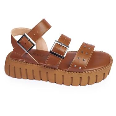 Imagem de Sandália Papete Feminina Plataforma Blogueira Tratorada Rebites Metalizados (Caramelo, BR, Adulto, Numérico, 36)