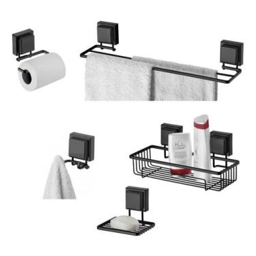 Imagem de Kit Banheiro Lavabo Preto Fosco Ventosa 05 Peças Suporte Porta Papel R