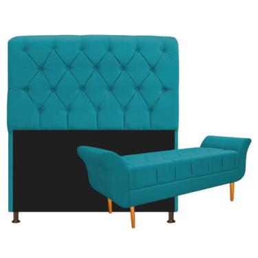 Imagem de Kit Cabeceira Estofado Lady e Recamier Ari 160 cm Queen Size Suede Azul Turquesa - Amarena Móveis