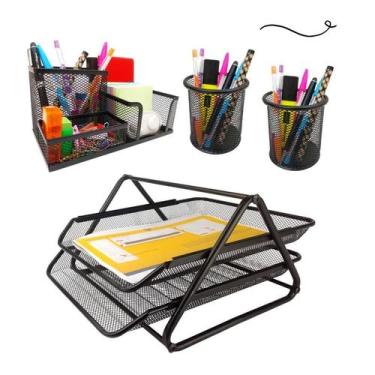 Imagem de Kit Escritório Organizador Mesa Bandeja Porta Caneta Lápis Preto - Mar