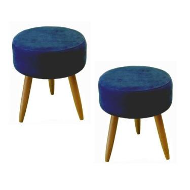 Imagem de Kit 02 Puffs Banqueta Redondo Classic Suede Azul Marinho Pés Madeira P