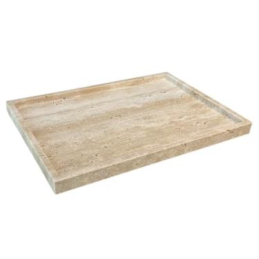 Imagem de OAIQNUJ Bandeja grande de pedra travertino para mesa de centro, bandeja retangular de mármore de 30 x 20 cm para bancada de banheiro, prato decorativo para joias de perfume (travertino bege)