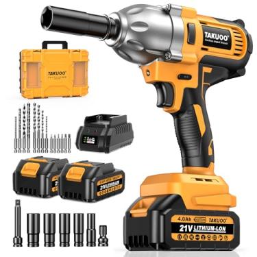 Imagem de Takuoo Chave de impacto sem fio 1/2 polegada, pistola de impacto sem escova 1200 N.m (274.3 m-lbs) alto torque, 3300 RPM com 2x bateria de 4,0 Ah, 6 soquetes/8 brocas/6 chaves de fenda, chave de