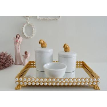 Imagem de Kit Higiene Bebê Porcelana Bandeja Perola Cotonete Potes K036 - Cirand