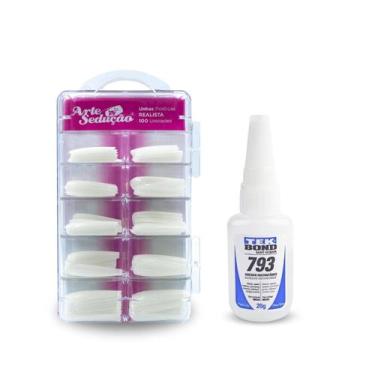 Imagem de Kit 100 Unhas Postiça Realista Leitosa + Super Cola Adesivo Instantâne