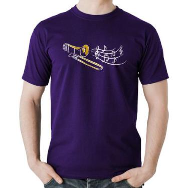 Imagem de Camiseta Algodão Trombone Notas Musicais - Foca na Moda, Roxo, GG