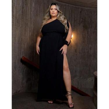 Imagem de Vestido Feminino Manga Única Plus Size Longo Com Fenda e Abertura Na M
