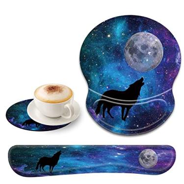 Imagem de Conjunto de almofadas de pulso e teclado para mouse de gel ergonômico, parte inferior de PU antiderrapante fácil digitação e alívio da dor no pulso com um lindo conjunto de porta-copos (3-Fantasy Wolf Moon Galaxy)