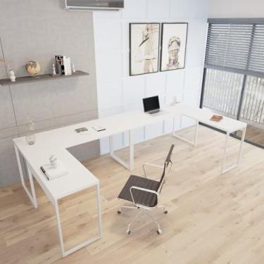 Imagem de Kit 2 Mesas de Escritório em L Estilo Industrial 1,50mx1,50m Kuadra Branco/Branco Chess