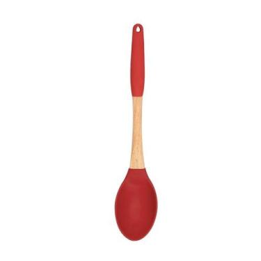 Imagem de Colher Auxiliar de Mexer Silicone Cabo de Madeira Vermelho 32cm Utensí