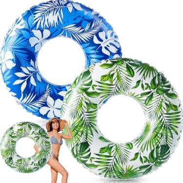Imagem de Silipull 2 peças de boia inflável grande para adultos, 120 cm, Havaí, flutuadores, folhas tropicais de um lado, anéis infláveis de tubo de piscina, anel de natação para adultos verão praia (verde