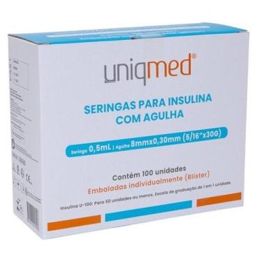 Imagem de Seringa para insulina agulhada 0,5ml 30g 8x0,30mm 100un uniqmed