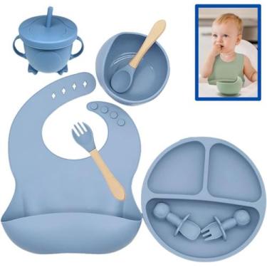 Imagem de Kit Refeição Bebê Prato Babador Copo Talher Silicone Ventosa Conjunto 