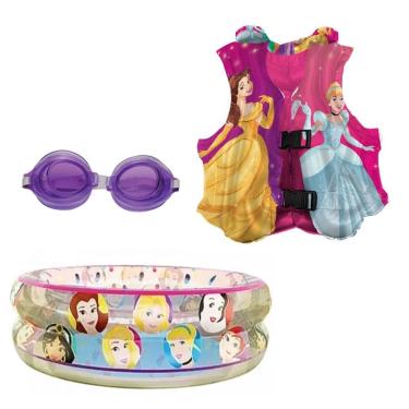Imagem de Kit Piscina Inflável Infantil Menina Princesas Disney 70 Litros + Colete Princesas + óc...