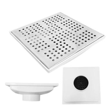 Imagem de Ralo Quintal 20x20 Inox Espelhado Coletor Branco Saída 75mm - FICONE &