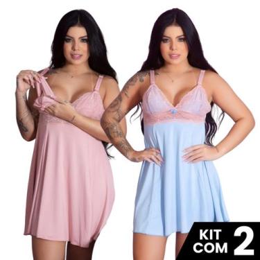 Imagem de Kit 2 Camisolas de Amamentação Renda Fecho Prático Pós Parto Gestante 