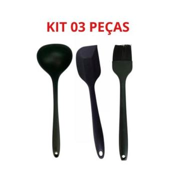 Imagem de Concha Espátula Pincel Silicone Kit 03 Utensílios Silicone - BM, Preto