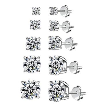 Imagem de Conjunto de brincos de prata esterlina 925 | Brincos hipoalergênicos banhados a ouro branco | Brincos femininos de zircônia cúbica (2 mm, 3 mm, 4 mm, 5 mm, 6 mm, 7 mm) 8 opções de cores CZ, Metal