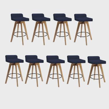 Imagem de Kit 09 Banqueta Alta Com Encosto Giratória Rute Madeira Balcão Bistrô Cozinha Corino Azul Marinho - Ahz Móveis